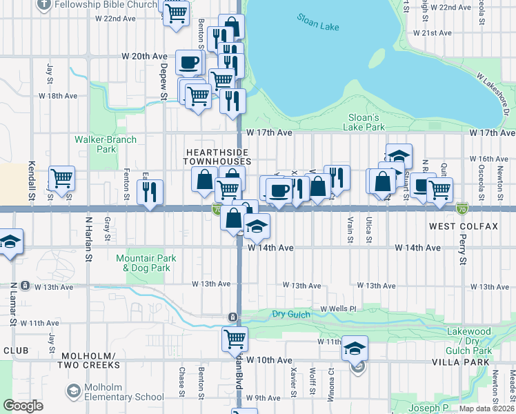 map of restaurants, bars, coffee shops, grocery stores, and more near W Colfax Ave & Zenobia St in Denver