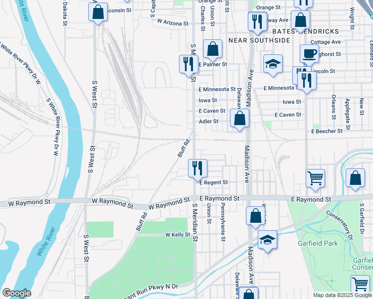 map of restaurants, bars, coffee shops, grocery stores, and more near 1934 Bluff Road in Indianapolis