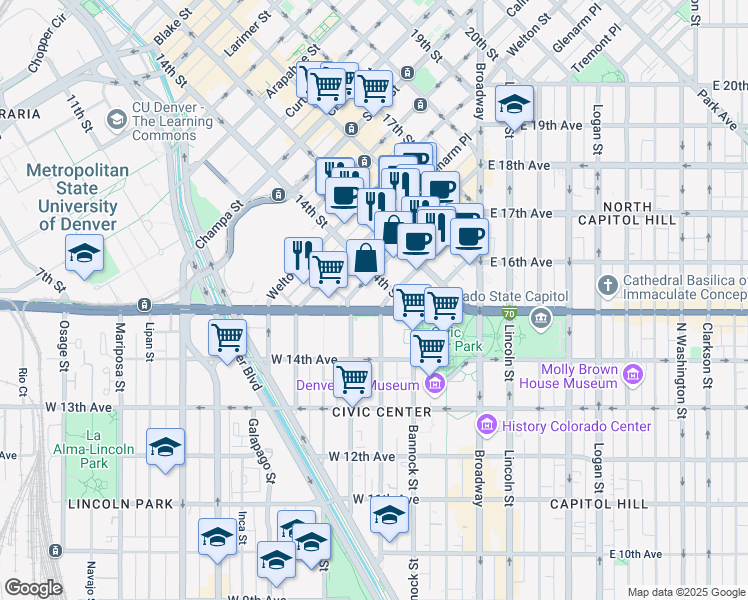 map of restaurants, bars, coffee shops, grocery stores, and more near 303 West Colfax Avenue in Denver