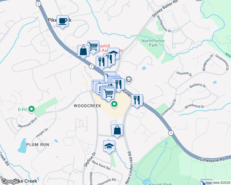 map of restaurants, bars, coffee shops, grocery stores, and more near 4742 Limestone Road in Wilmington