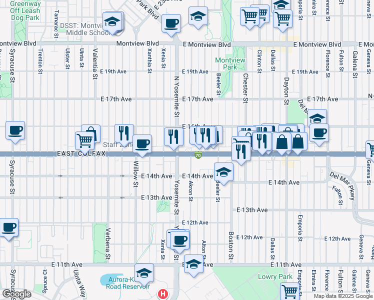 map of restaurants, bars, coffee shops, grocery stores, and more near 1546 Yosemite Street in Denver