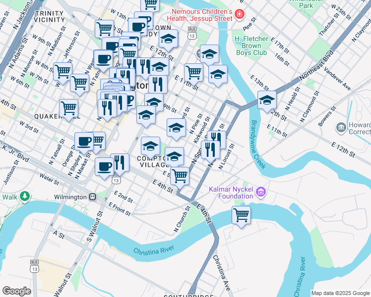 map of restaurants, bars, coffee shops, grocery stores, and more near 716 North Pine Street in Wilmington