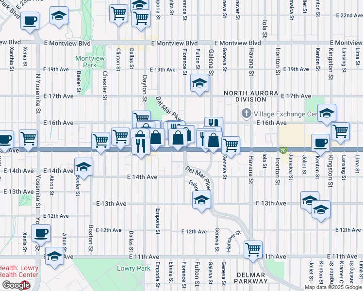 map of restaurants, bars, coffee shops, grocery stores, and more near 9945 East Colfax Avenue in Aurora