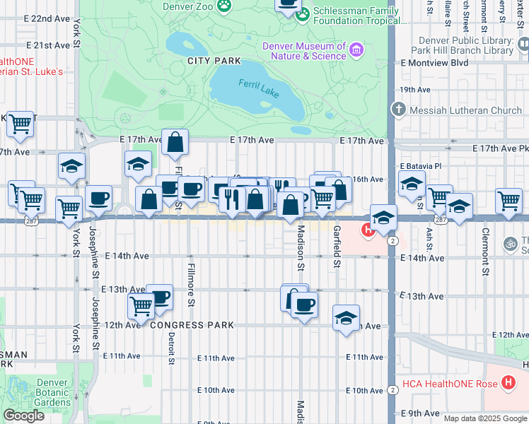 map of restaurants, bars, coffee shops, grocery stores, and more near 3315 East Colfax Avenue in Denver