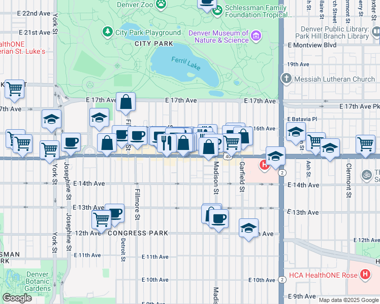 map of restaurants, bars, coffee shops, grocery stores, and more near 3315 East Colfax Avenue in Denver