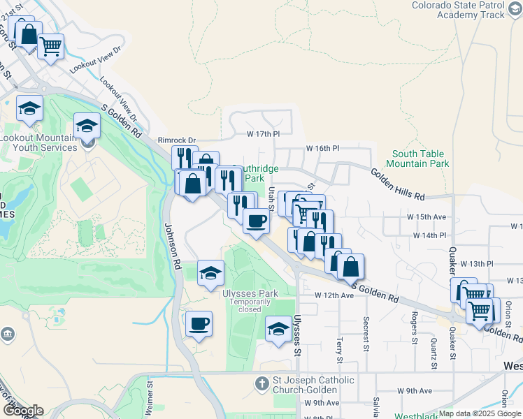 map of restaurants, bars, coffee shops, grocery stores, and more near 17509 South Golden Road in Golden