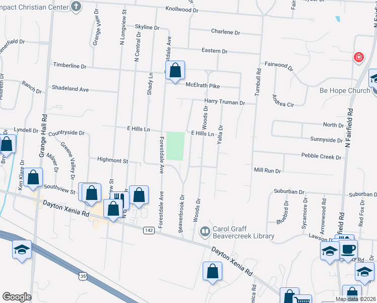 map of restaurants, bars, coffee shops, grocery stores, and more near 1736 Beaverbrook Drive in Dayton