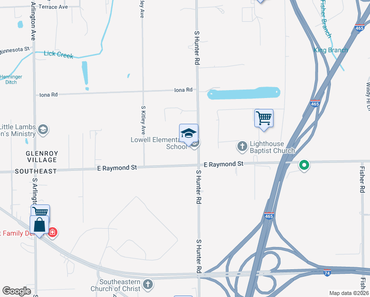 map of restaurants, bars, coffee shops, grocery stores, and more near 2150 South Hunter Road in Indianapolis