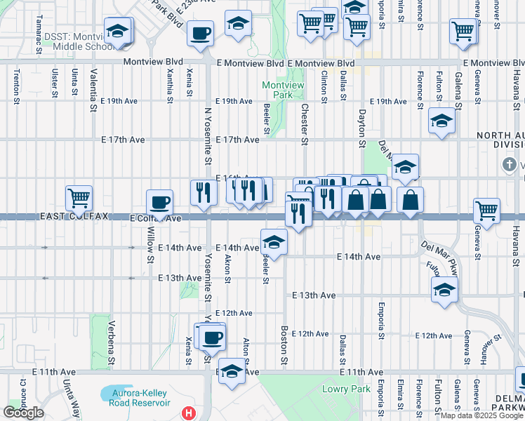 map of restaurants, bars, coffee shops, grocery stores, and more near 1517 Beeler Street in Aurora