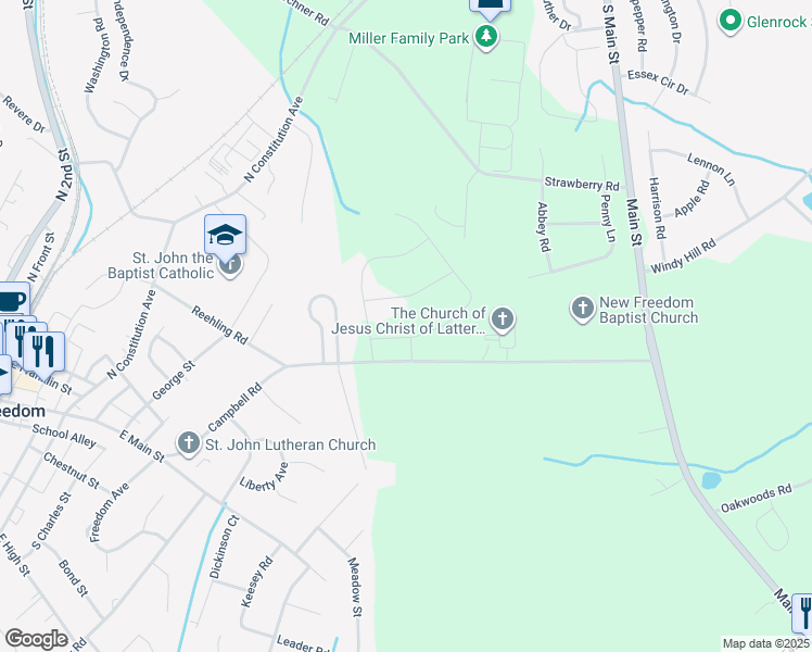 map of restaurants, bars, coffee shops, grocery stores, and more near 308 Eliza Road in New Freedom