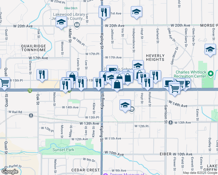 map of restaurants, bars, coffee shops, grocery stores, and more near 9885 West Colfax Avenue in Lakewood