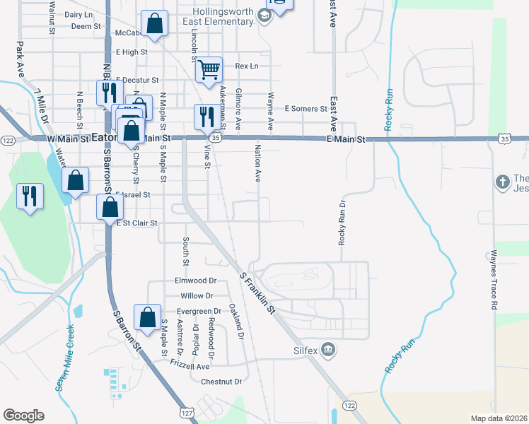 map of restaurants, bars, coffee shops, grocery stores, and more near 300 Nation Avenue in Eaton