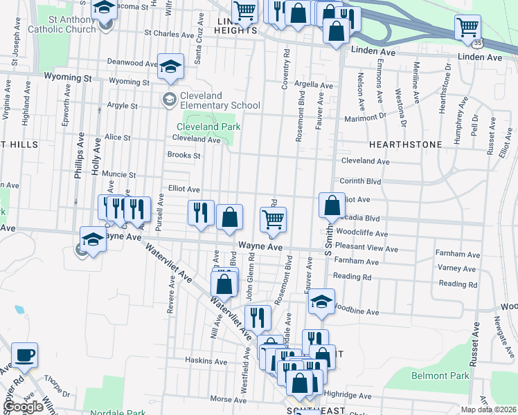 map of restaurants, bars, coffee shops, grocery stores, and more near 1820 John Glenn Road in Dayton