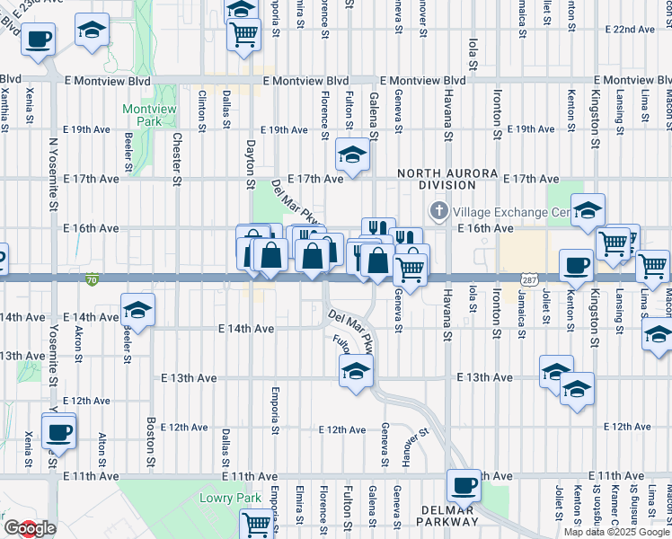 map of restaurants, bars, coffee shops, grocery stores, and more near 1545 Fulton Street in Aurora