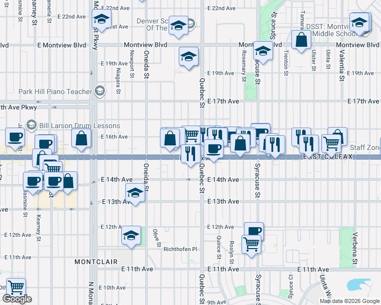map of restaurants, bars, coffee shops, grocery stores, and more near 7225 East Colfax Avenue in Denver