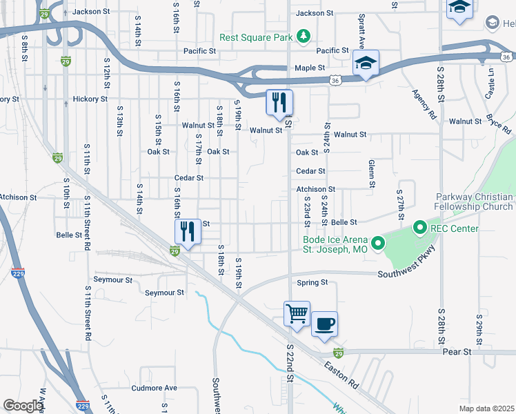 map of restaurants, bars, coffee shops, grocery stores, and more near 2701 South 20th Street in Saint Joseph