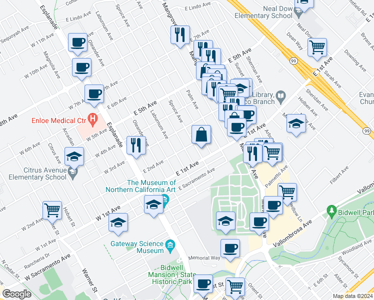 map of restaurants, bars, coffee shops, grocery stores, and more near 379 East 2nd Avenue in Chico