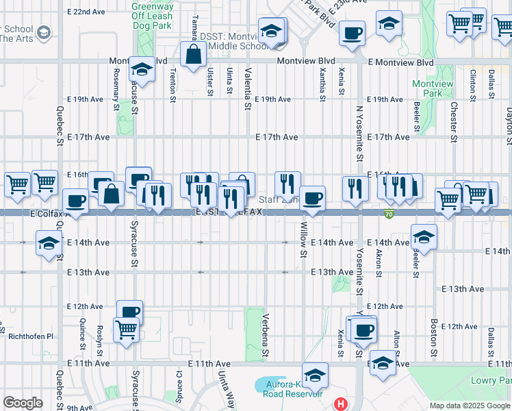 map of restaurants, bars, coffee shops, grocery stores, and more near 8315 East Colfax Avenue in Denver