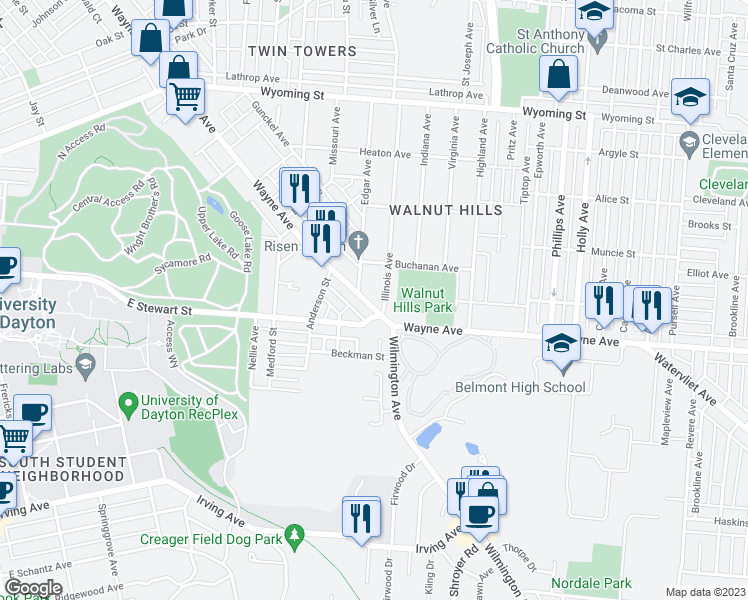 map of restaurants, bars, coffee shops, grocery stores, and more near 2222 Wayne Avenue in Dayton