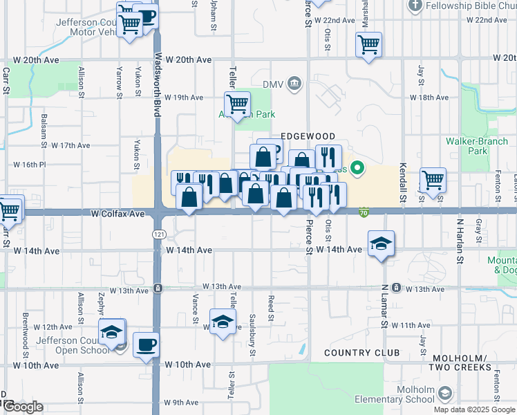 map of restaurants, bars, coffee shops, grocery stores, and more near in Lakewood