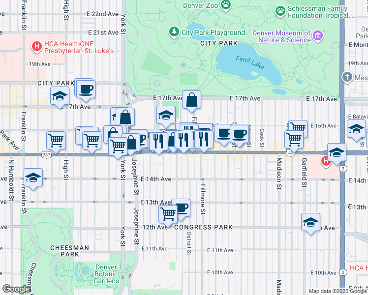 map of restaurants, bars, coffee shops, grocery stores, and more near 1538 Detroit Street in Denver