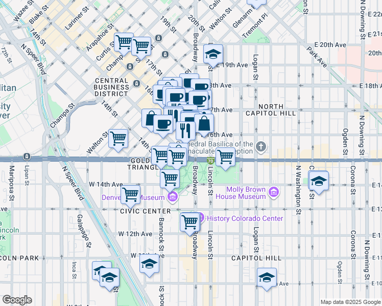 map of restaurants, bars, coffee shops, grocery stores, and more near in Denver