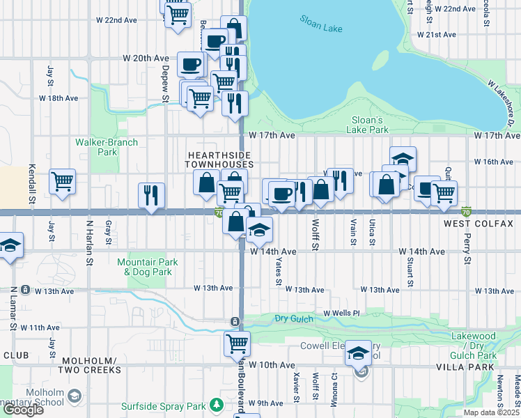 map of restaurants, bars, coffee shops, grocery stores, and more near 5125 West Colfax Avenue in Denver