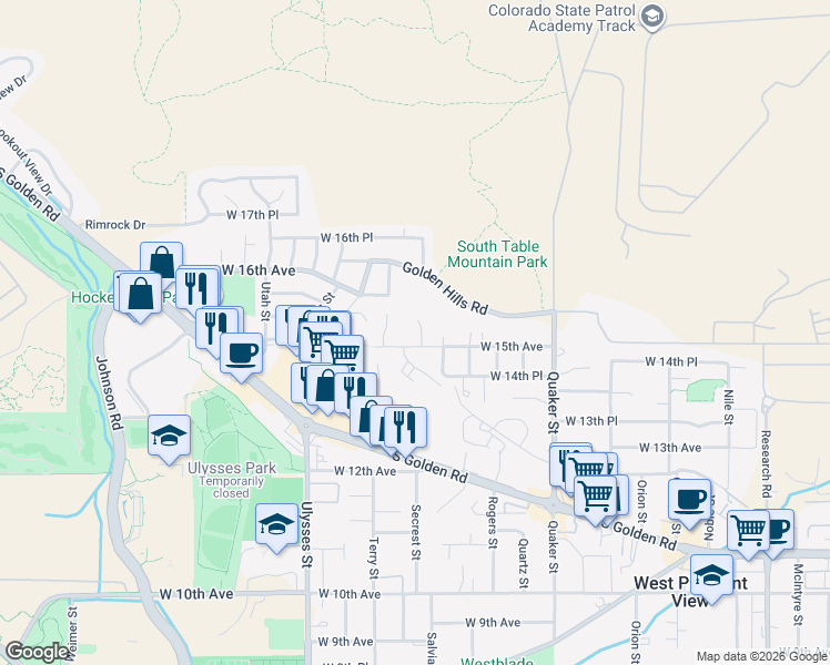 map of restaurants, bars, coffee shops, grocery stores, and more near 1540 Salvia Court in Golden