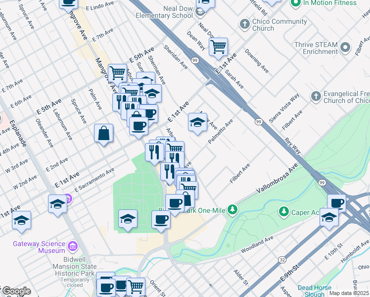 map of restaurants, bars, coffee shops, grocery stores, and more near 1004 Arbutus Avenue in Chico