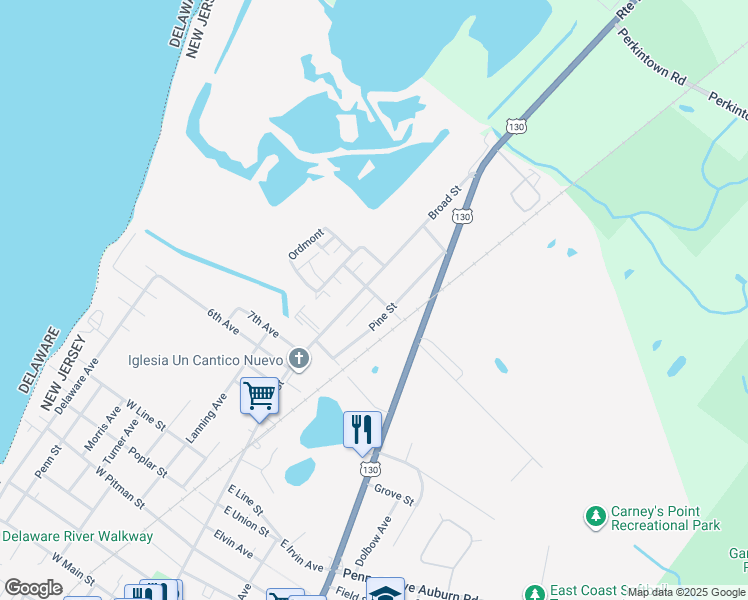 map of restaurants, bars, coffee shops, grocery stores, and more near in Carneys Point Township