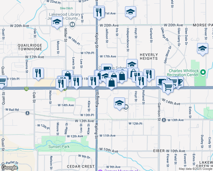 map of restaurants, bars, coffee shops, grocery stores, and more near 9885 West Colfax Avenue in Lakewood