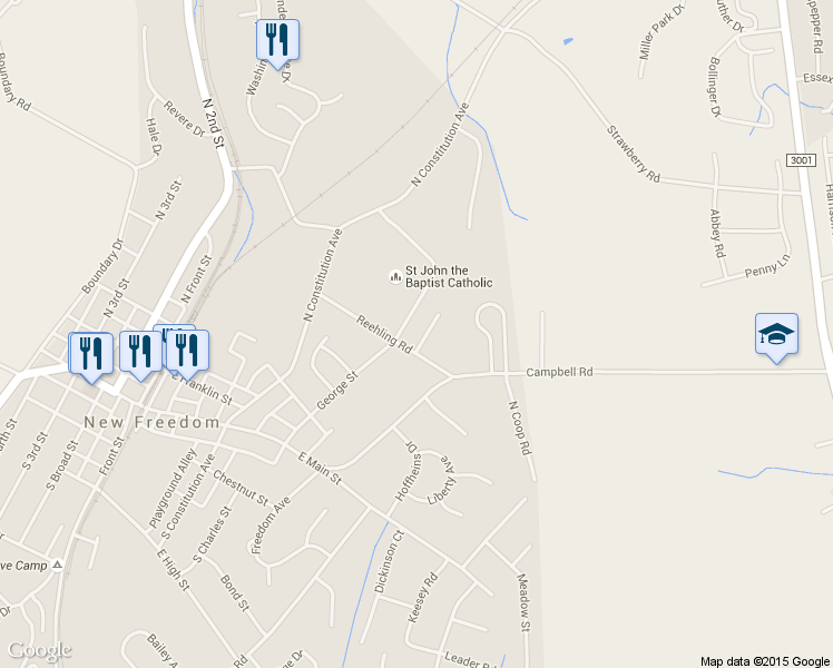 map of restaurants, bars, coffee shops, grocery stores, and more near 3 Nittany Court in New Freedom
