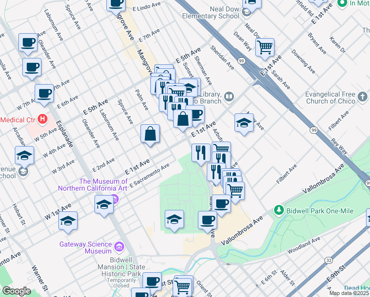 map of restaurants, bars, coffee shops, grocery stores, and more near 1051 Mangrove Avenue in Chico