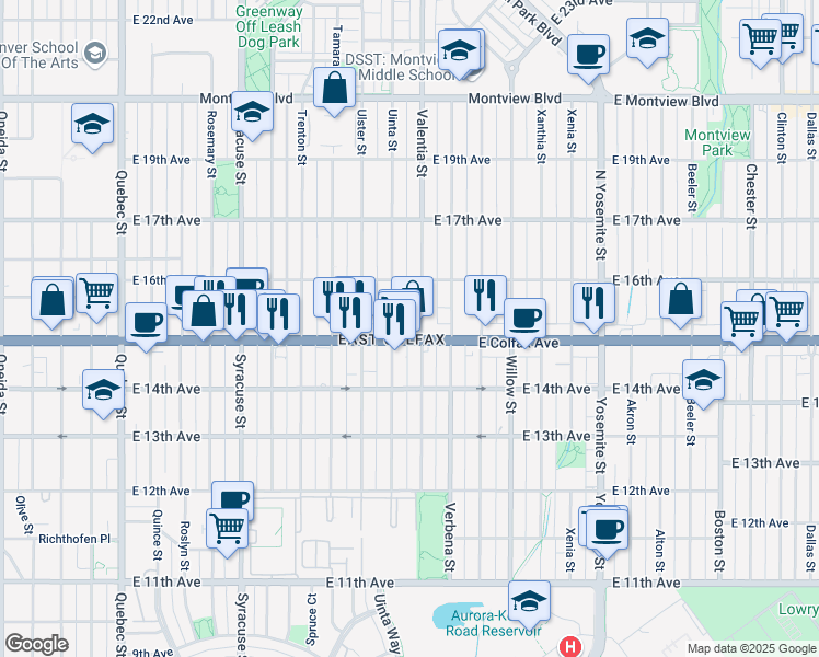 map of restaurants, bars, coffee shops, grocery stores, and more near 1525 Valentia Street in Denver