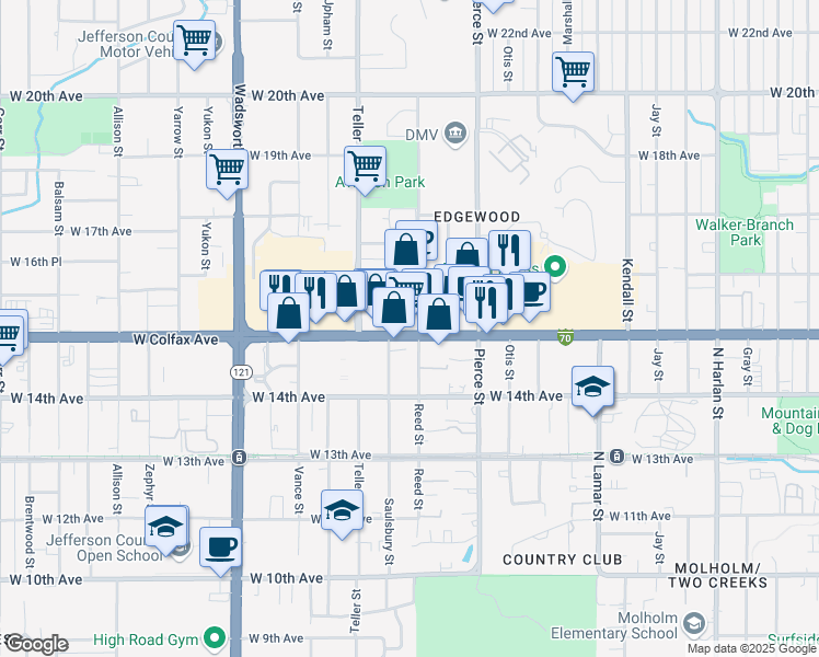 map of restaurants, bars, coffee shops, grocery stores, and more near in Lakewood