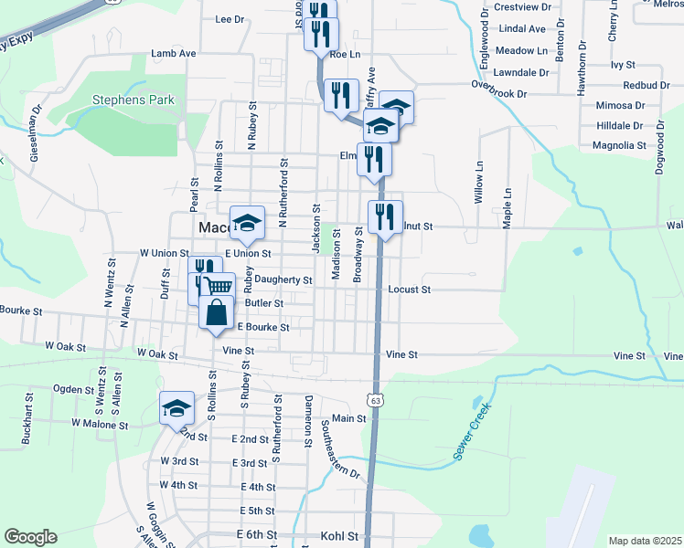 map of restaurants, bars, coffee shops, grocery stores, and more near 311 Madison Street in Macon