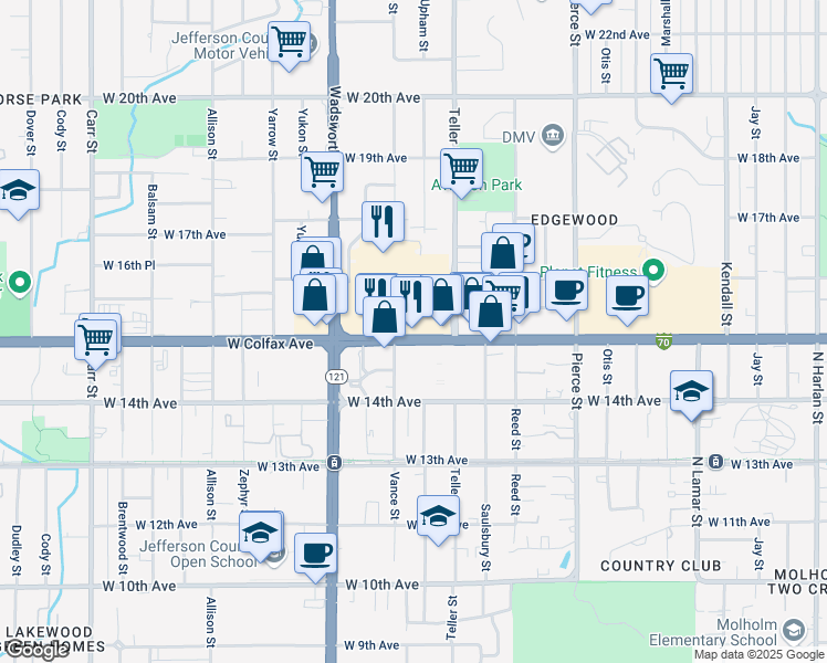 map of restaurants, bars, coffee shops, grocery stores, and more near 7355 West Colfax Avenue in Lakewood