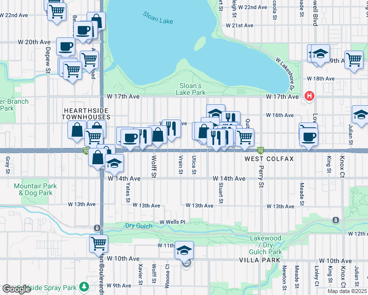 map of restaurants, bars, coffee shops, grocery stores, and more near 1515 Vrain Street in Denver