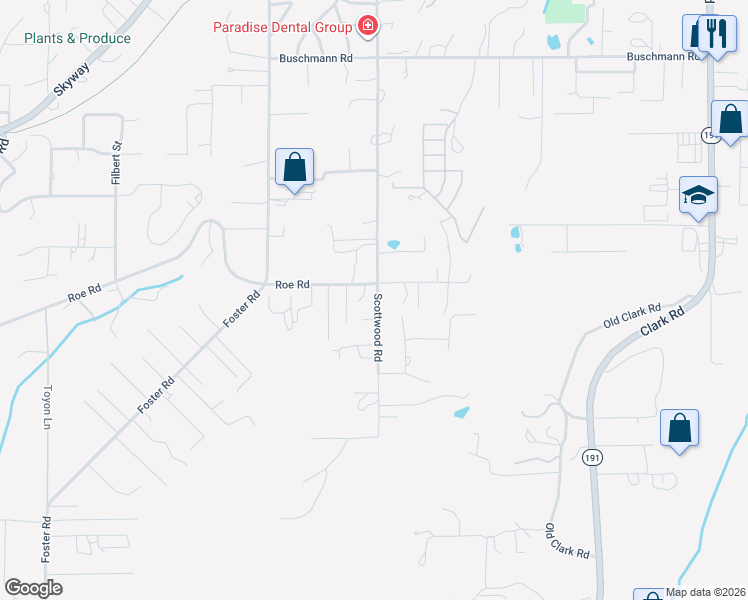 map of restaurants, bars, coffee shops, grocery stores, and more near 762 Roe Road in Paradise