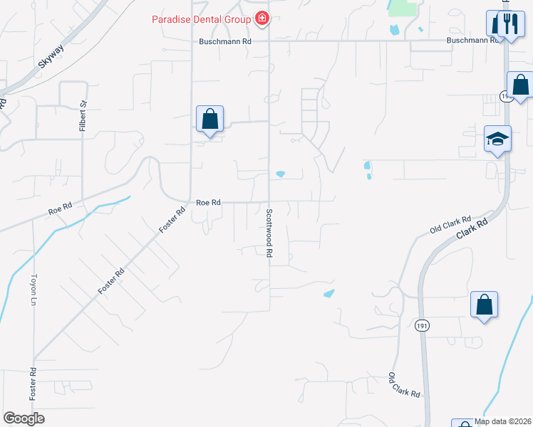 map of restaurants, bars, coffee shops, grocery stores, and more near 5295 Scottwood Road in Paradise