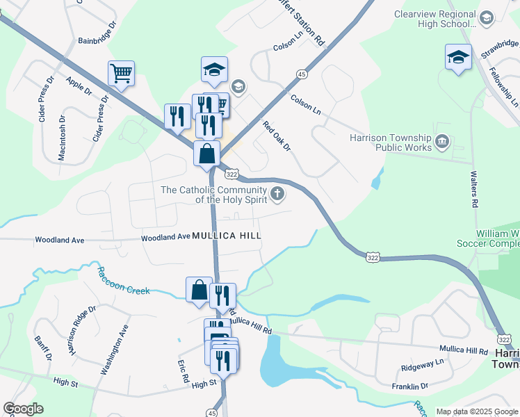 map of restaurants, bars, coffee shops, grocery stores, and more near 3 Earlington Avenue in Mullica Hill