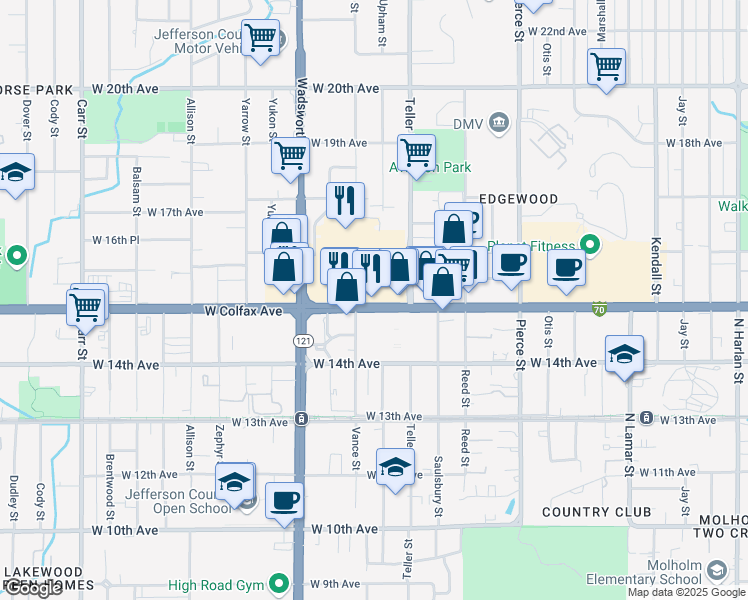 map of restaurants, bars, coffee shops, grocery stores, and more near 7355 West Colfax Avenue in Lakewood