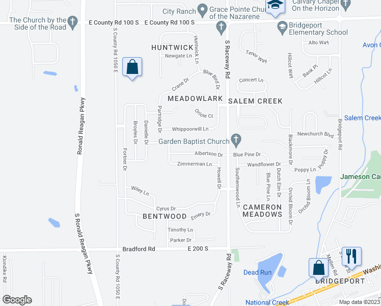 map of restaurants, bars, coffee shops, grocery stores, and more near 10834 Albertson Drive in Indianapolis