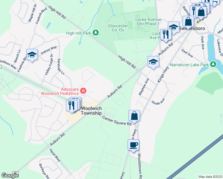 map of restaurants, bars, coffee shops, grocery stores, and more near 2100 Lexington Road in Woolwich Township