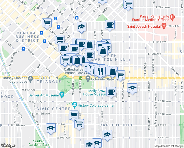 map of restaurants, bars, coffee shops, grocery stores, and more near 1515 Grant Street in Denver