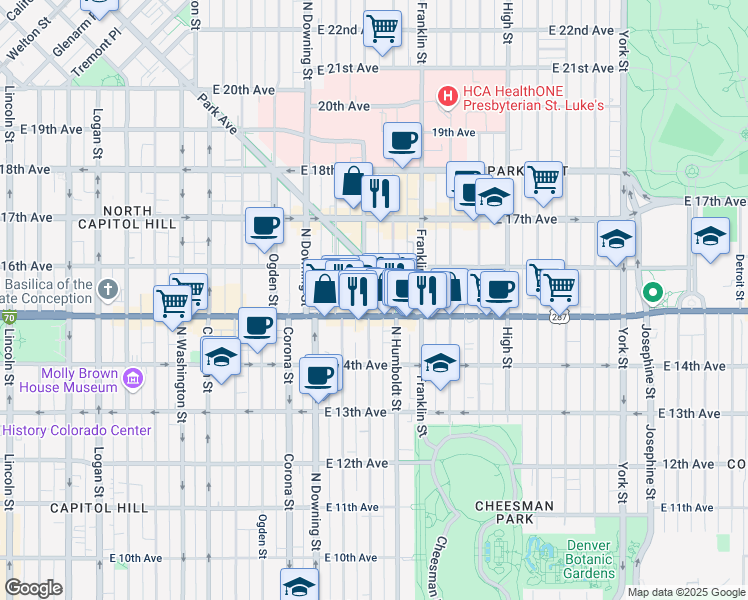 map of restaurants, bars, coffee shops, grocery stores, and more near 1522 North Lafayette Street in Denver