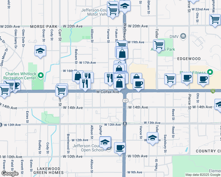 map of restaurants, bars, coffee shops, grocery stores, and more near 1545-1549 Yarrow Street in Lakewood