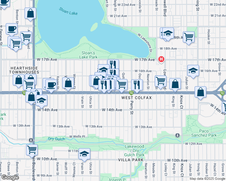 map of restaurants, bars, coffee shops, grocery stores, and more near in Denver