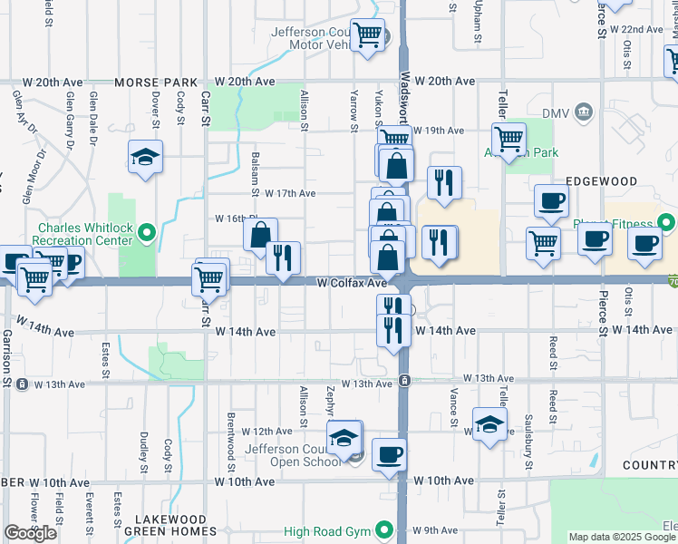 map of restaurants, bars, coffee shops, grocery stores, and more near 1545-1549 Yarrow Street in Lakewood