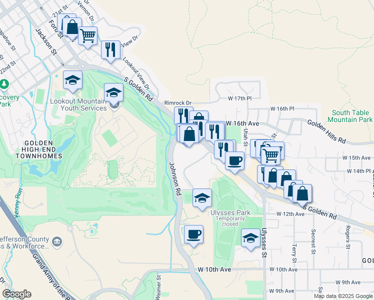 map of restaurants, bars, coffee shops, grocery stores, and more near 17720 South Golden Road in Golden